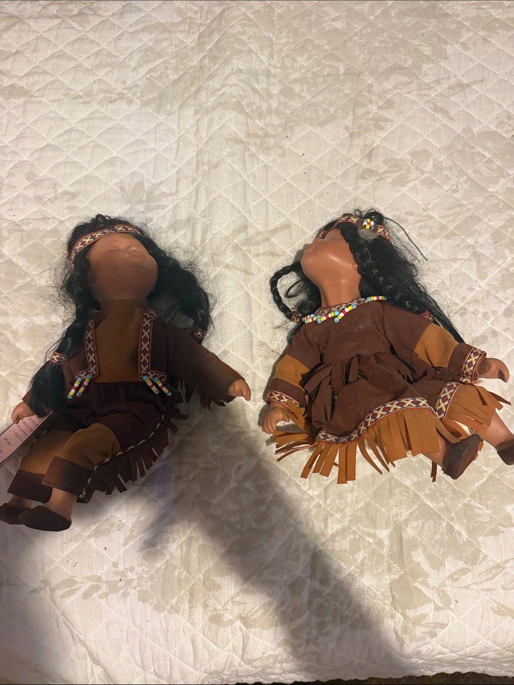 WEN Brown and Tan Fringe Beaded Doll Pair